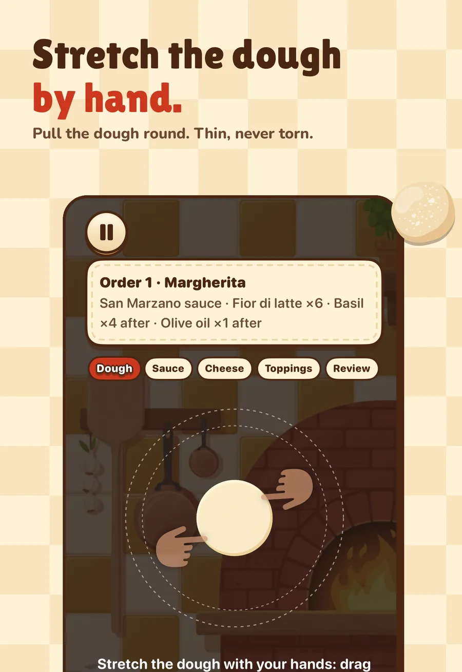 The dough step: an order ticket for a Margherita, a Dough, Sauce, Cheese, Toppings and Review tab strip, and two hands pulling a ball of dough round.