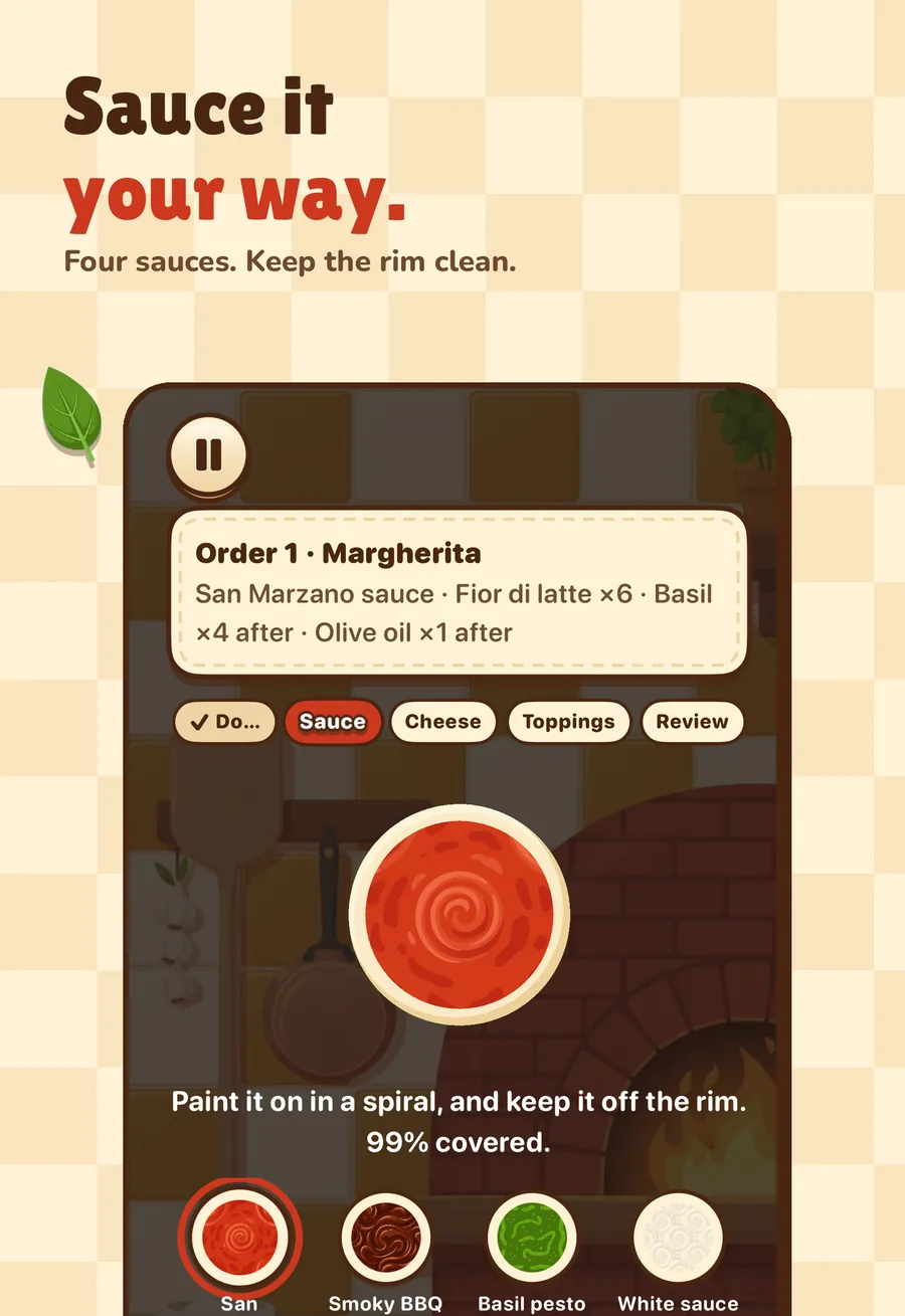 The sauce step: a pizza painted with San Marzano sauce in a spiral, 99 percent covered, with a tray of four sauces: San Marzano, smoky BBQ, basil pesto and white sauce.