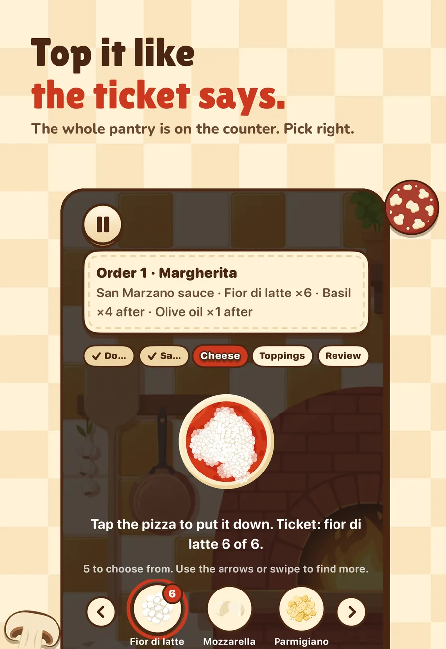 The cheese step: fior di latte scattered on a sauced pizza, six of six placed, with a scrolling tray of ingredients including mozzarella and parmigiano.