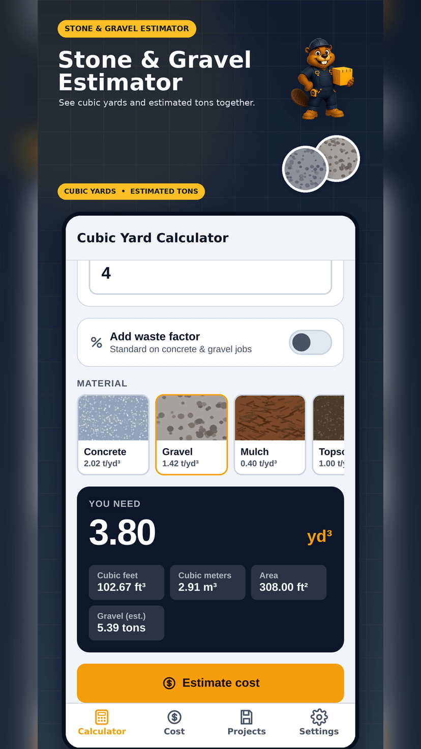 Stone and gravel estimator showing 3.80 cubic yards and 5.39 estimated tons