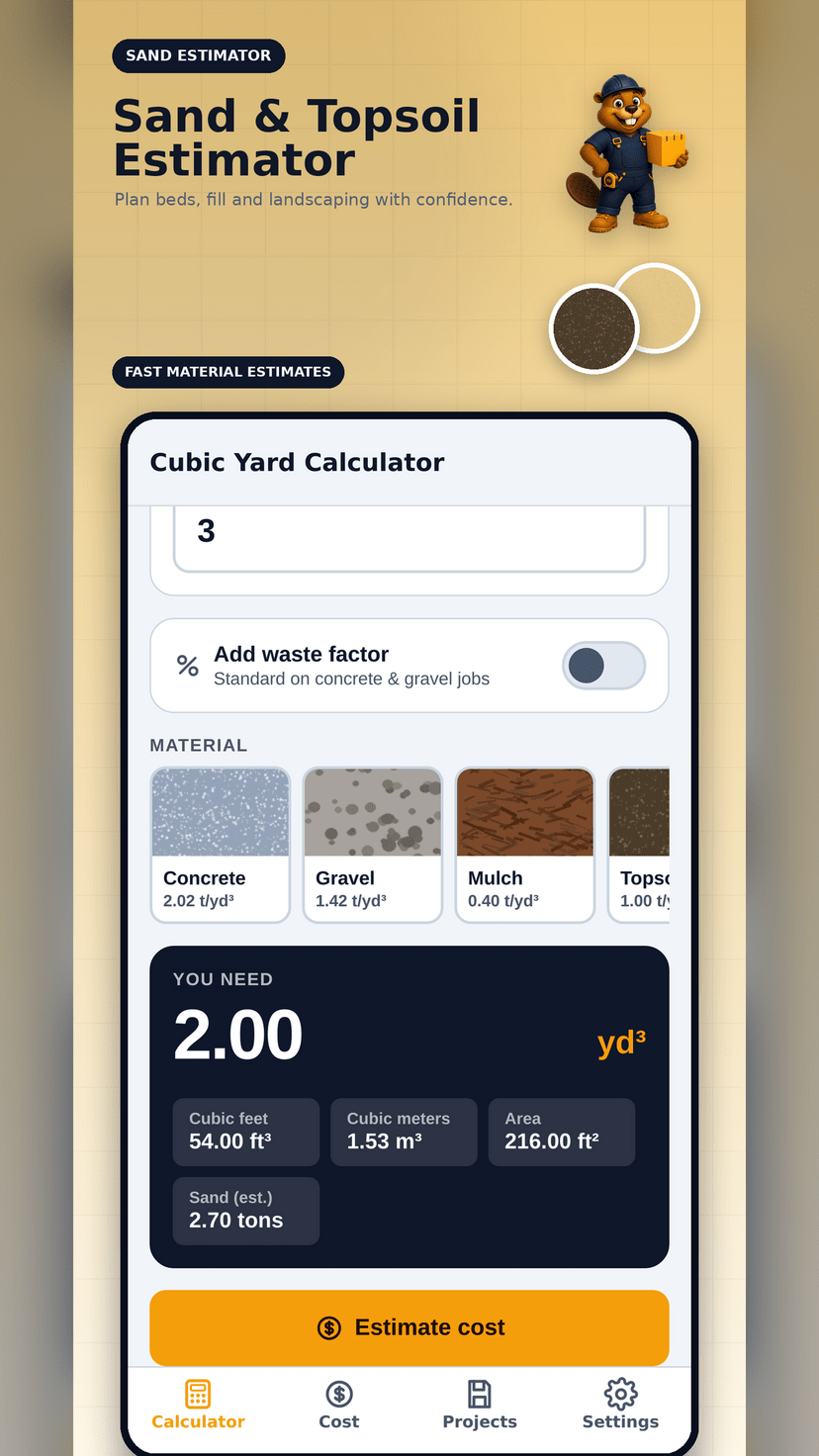 Sand and topsoil estimator showing cubic yards with an estimated tonnage