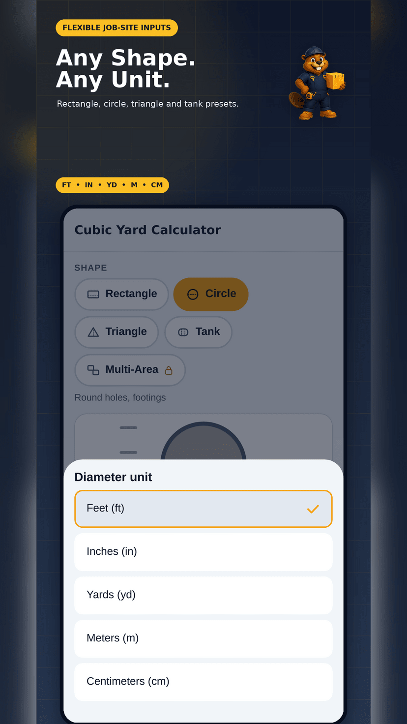 Circle shape preset with the feet, inches, yards, meters and centimeters unit picker