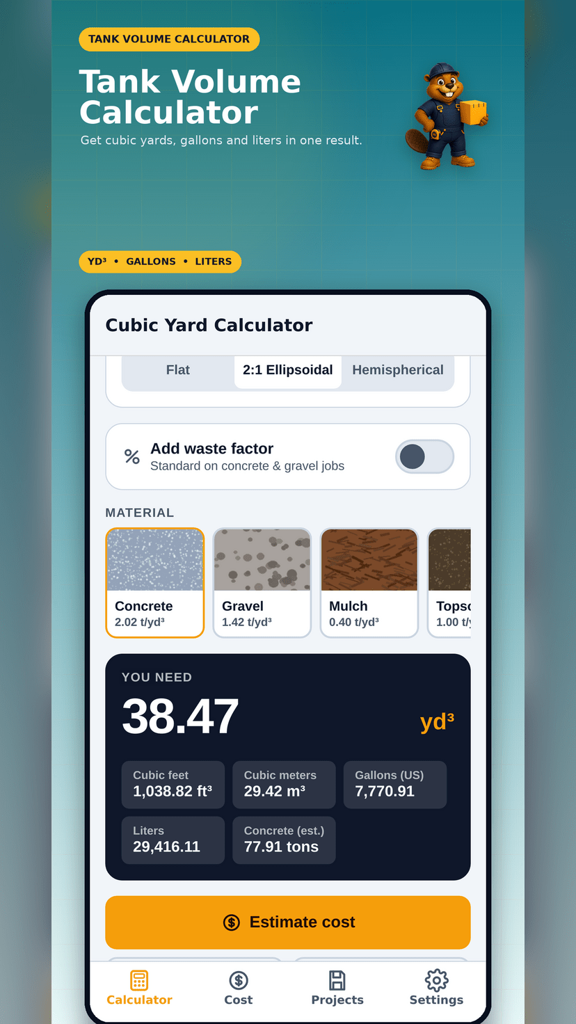 Tank volume calculator showing a result in cubic yards, gallons and liters