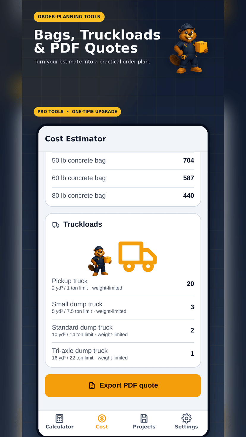 Bag counts, truckload estimates and PDF quote export on the Pro cost screen
