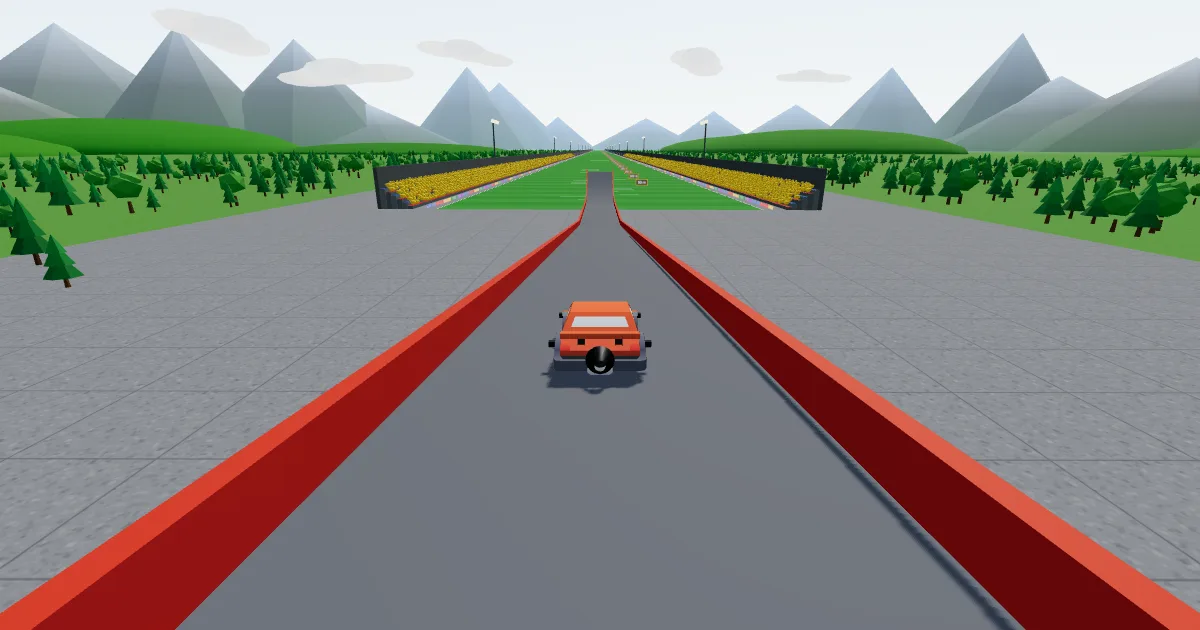 A car with a rocket thruster flying off a launch ramp toward a stadium in Thruster