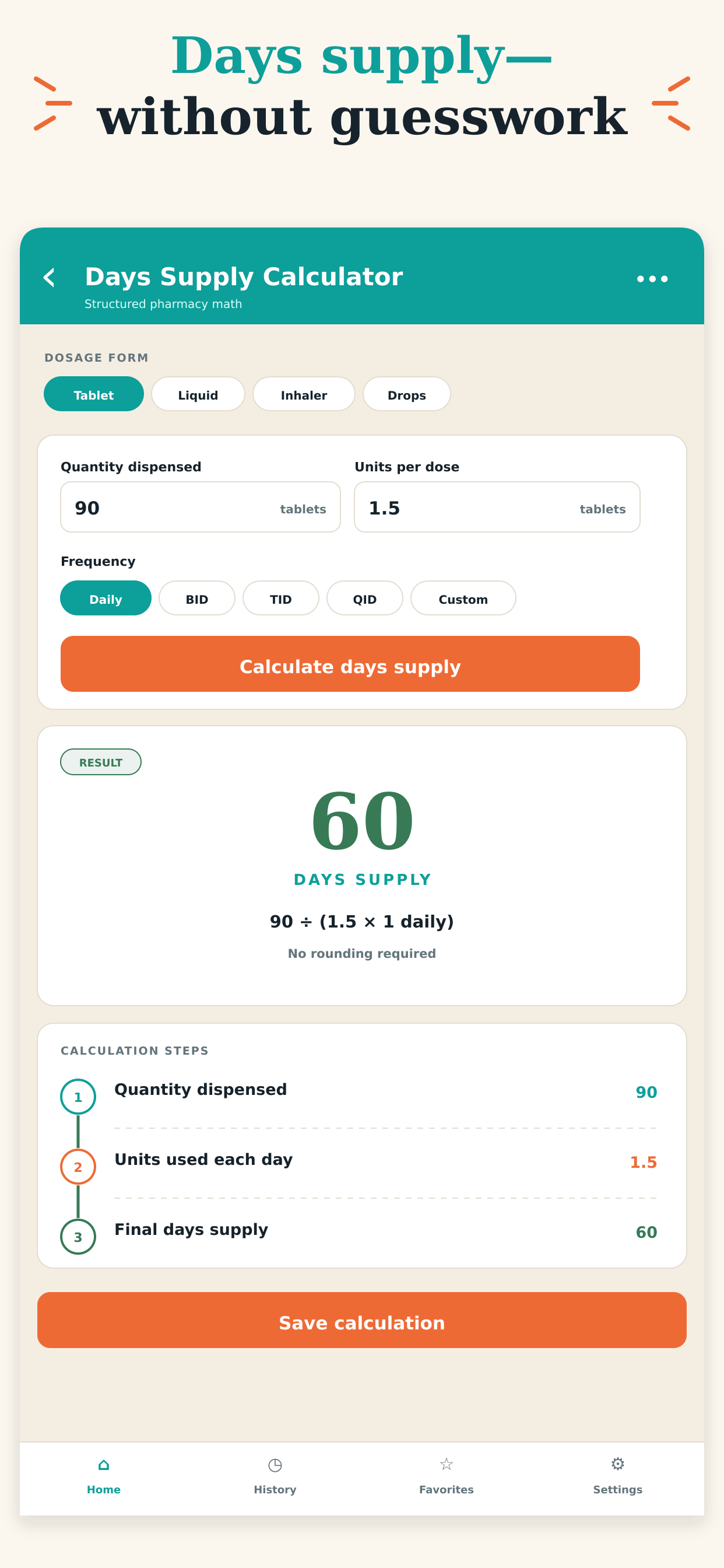 Days supply calculator showing a 60 day result and each calculation step