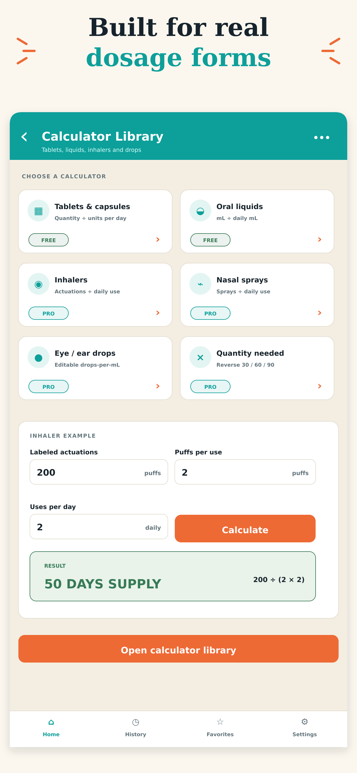 Calculator library for tablets, liquids, inhalers, sprays and eye or ear drops
