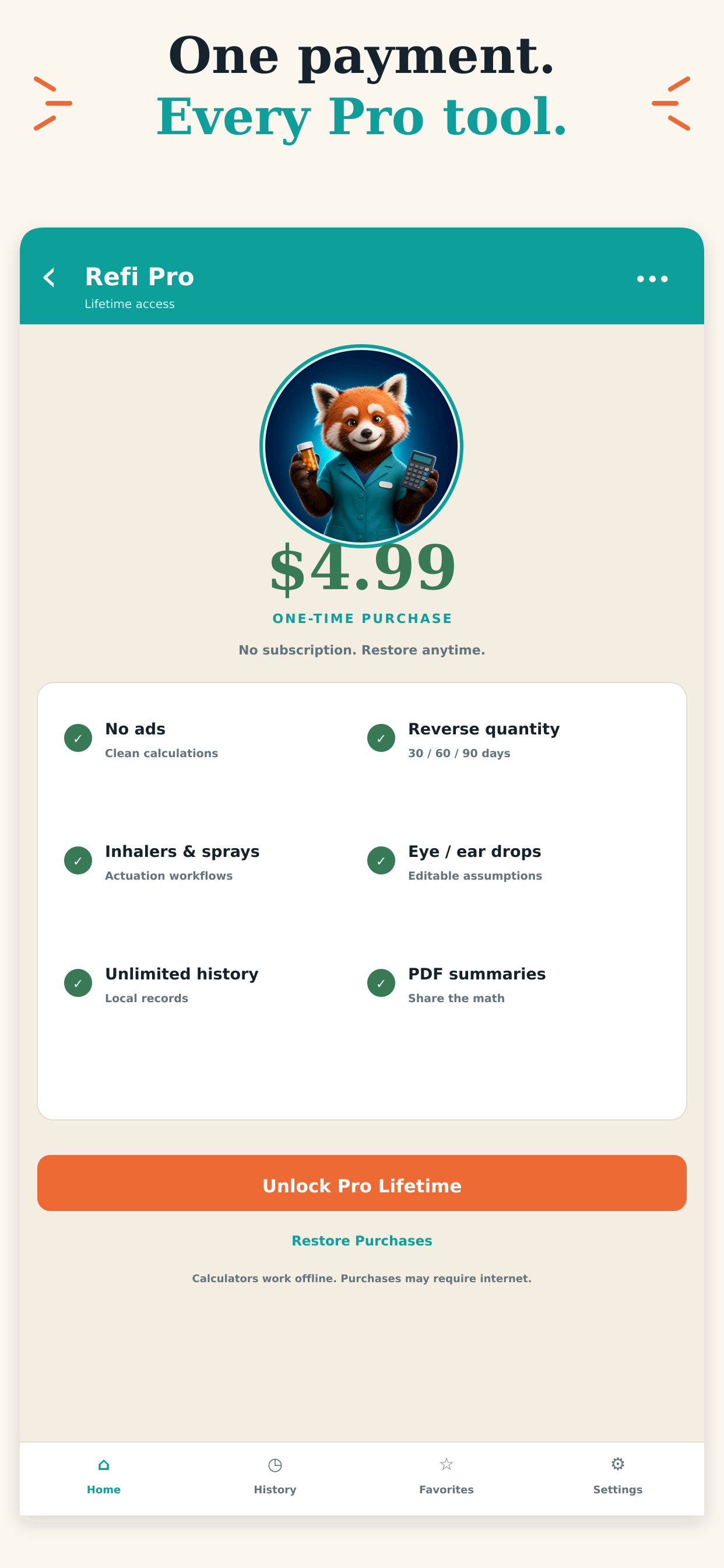 Refi Pro lifetime purchase screen with advanced prescription calculators