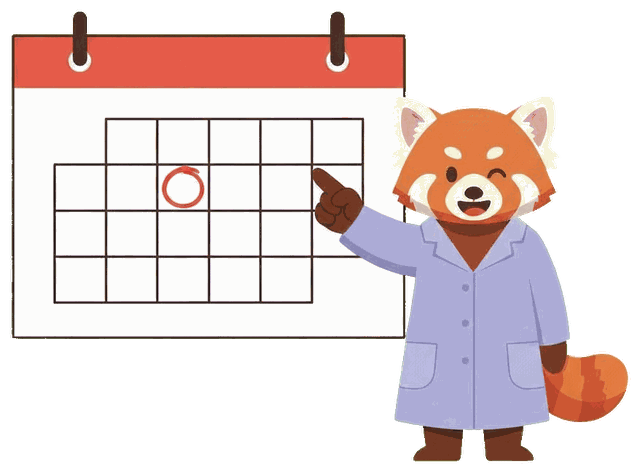 Refi the red panda pointing at a circled date on a calendar
