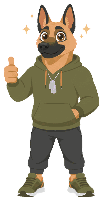 Gunny the German Shepherd, the app mascot, giving a thumbs up